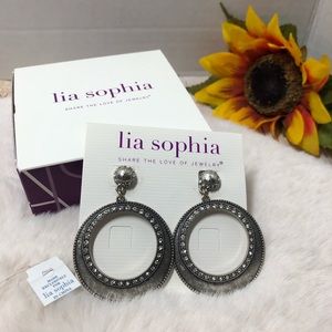Lia Sophia Gunmetal and Crystal Open Circle Drop Earrings